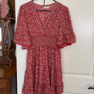 Max Studio Red Floral V-Neck Smocked Midi Dress
